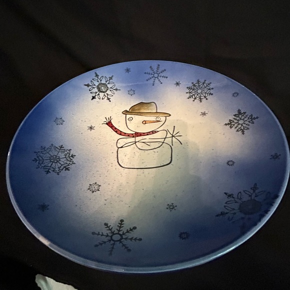 Cowboy Snowman ceramic blue large platter Beaver Farm pottery 15” diameter - Picture 4 of 11